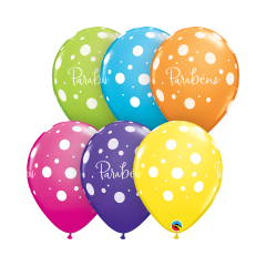 BALAO QUALATEX 11" ESTAMPADO - PACOTE FESTIVO DOTS COM 6 UNIDADES - PARABENS