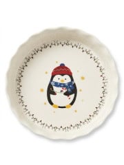 TRAVESSA REDONDA EM CERÂMICA COM BORDA ONDULADA - ILUSTRAÇÃO PINGUIM DE NATAL