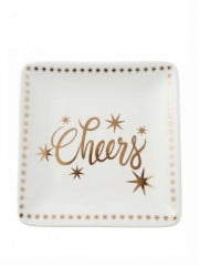 PRATO PETISQUEIRA RETANGULAR "CHEERS" EM CERÂMICA BRANCA E DOURADA